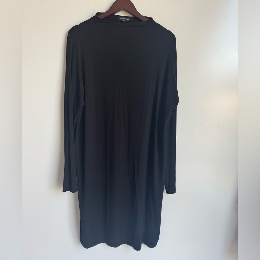 Eileen Fisher black jersey shift dress women large long sleeves wide neckline